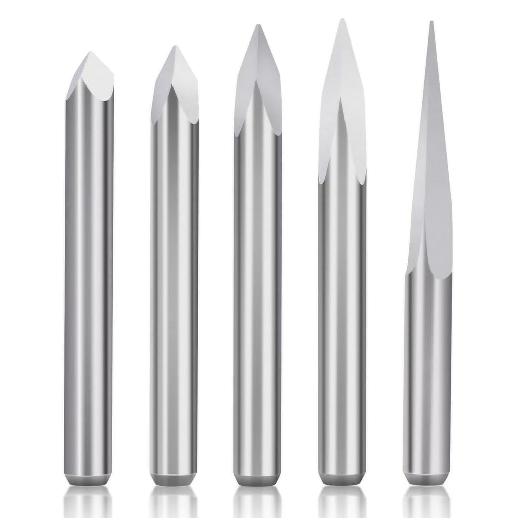 0.3mm CNC Router Bits Set 15°/30°/45°/60°/90° V Groove Engraving Bits, 1/8” Shank Tungsten Carbide 3 Flute Carving Tools for Wood Acrylic MDF PCB Plastic CNC Router Machine
