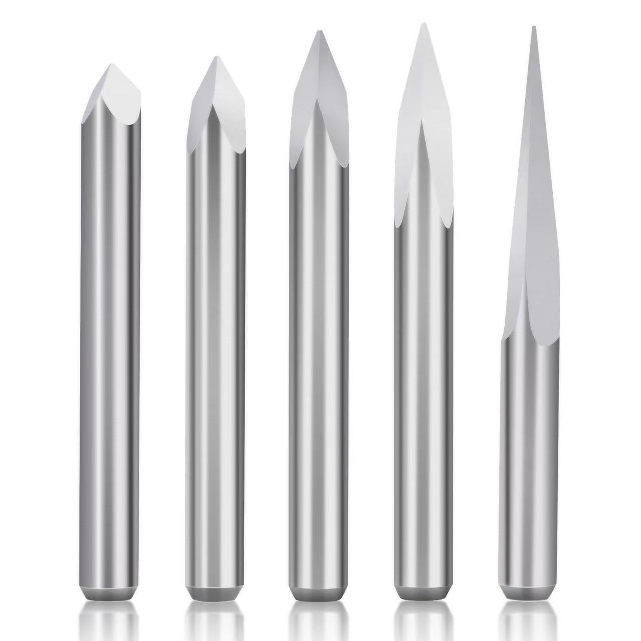 0.3mm CNC Router Bits Set 15°/30°/45°/60°/90° V Groove Engraving Bits, 1/8” Shank Tungsten Carbide 3 Flute Carving Tools for Wood Acrylic MDF PCB Plastic CNC Router Machine