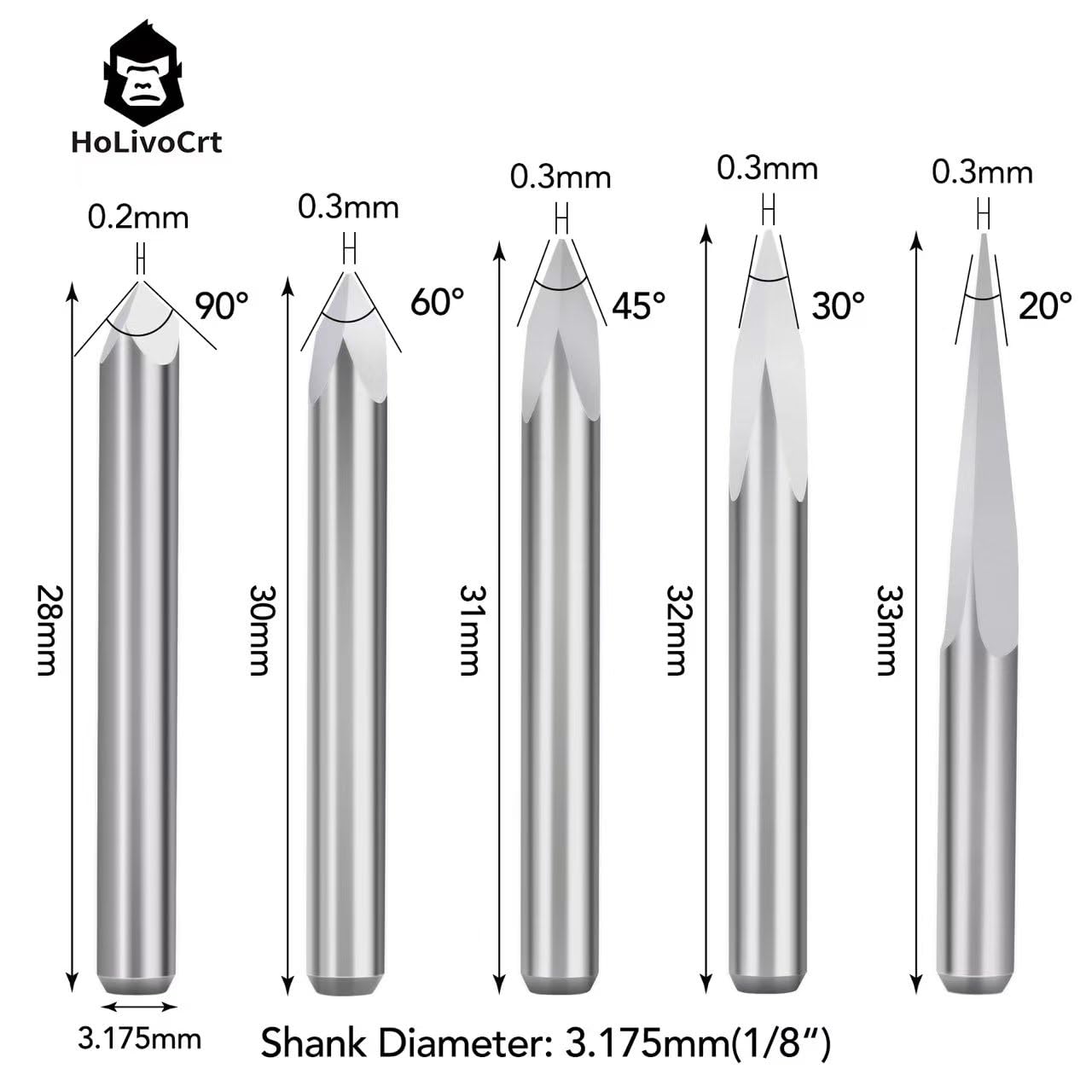 0.3mm CNC Router Bits Set 15°/30°/45°/60°/90° V Groove Engraving Bits, 1/8” Shank Tungsten Carbide 3 Flute Carving Tools for Wood Acrylic MDF PCB Plastic CNC Router Machine