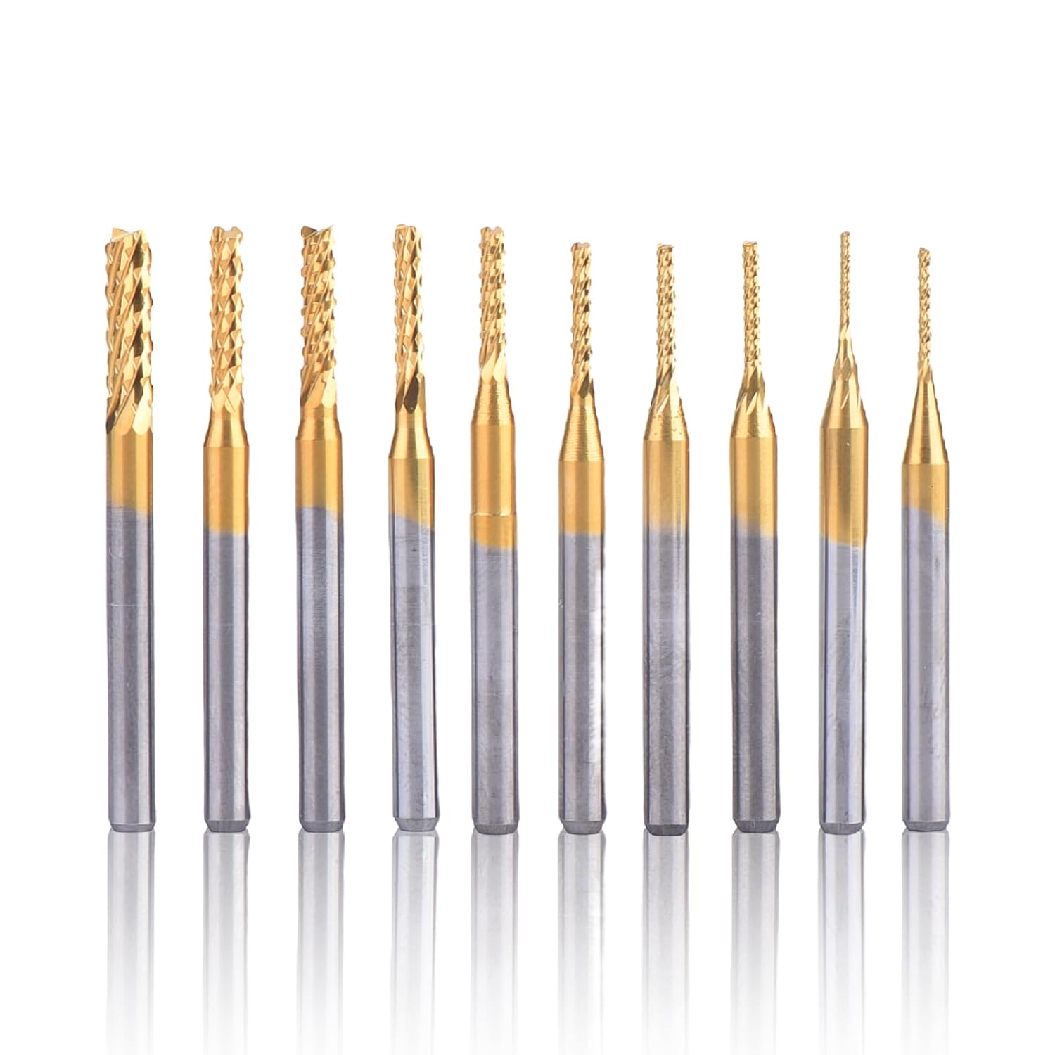 10 Piece Set of Titanium Coated Hard Alloy CNC milling Cutter Set - Multifunctional Drill bit Suitable for Carving, Drilling, and milling, Diameter ranging from 0.8 mm to 3.17 mm (1/8 inch Shank)