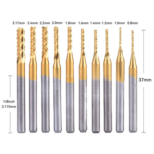 10 Piece Set of Titanium Coated Hard Alloy CNC milling Cutter Set - Multifunctional Drill bit Suitable for Carving, Drilling, and milling, Diameter ranging from 0.8 mm to 3.17 mm (1/8 inch Shank)