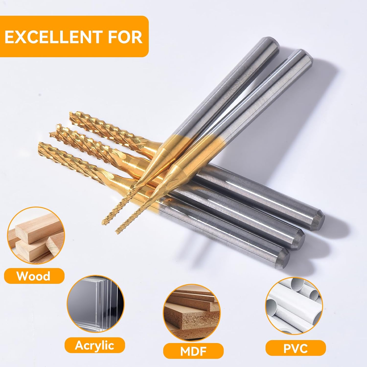 10 Piece Set of Titanium Coated Hard Alloy CNC milling Cutter Set - Multifunctional Drill bit Suitable for Carving, Drilling, and milling, Diameter ranging from 0.8 mm to 3.17 mm (1/8 inch Shank)