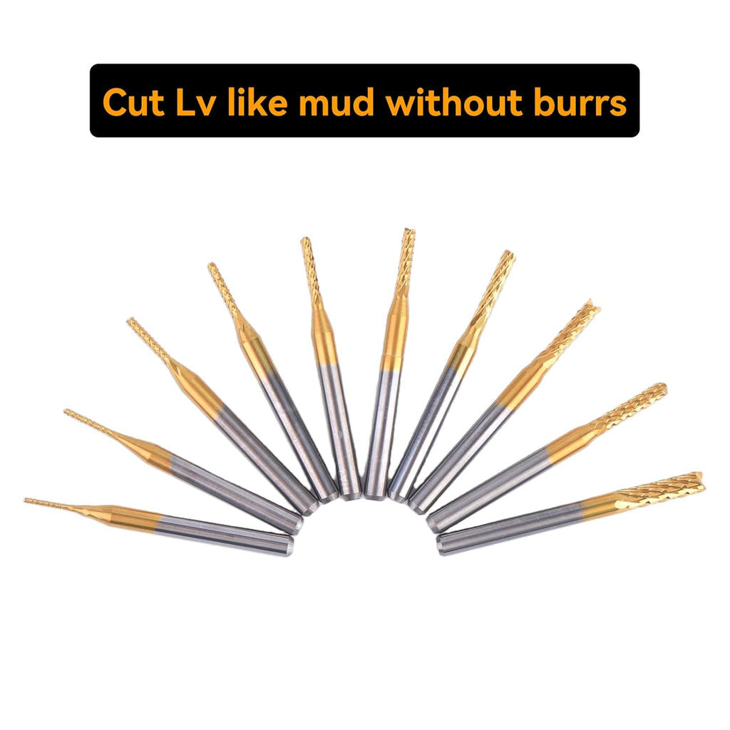 10 Piece Set of Titanium Coated Hard Alloy CNC milling Cutter Set - Multifunctional Drill bit Suitable for Carving, Drilling, and milling, Diameter ranging from 0.8 mm to 3.17 mm (1/8 inch Shank)