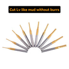 10 Piece Set of Titanium Coated Hard Alloy CNC milling Cutter Set - Multifunctional Drill bit Suitable for Carving, Drilling, and milling, Diameter ranging from 0.8 mm to 3.17 mm (1/8 inch Shank)