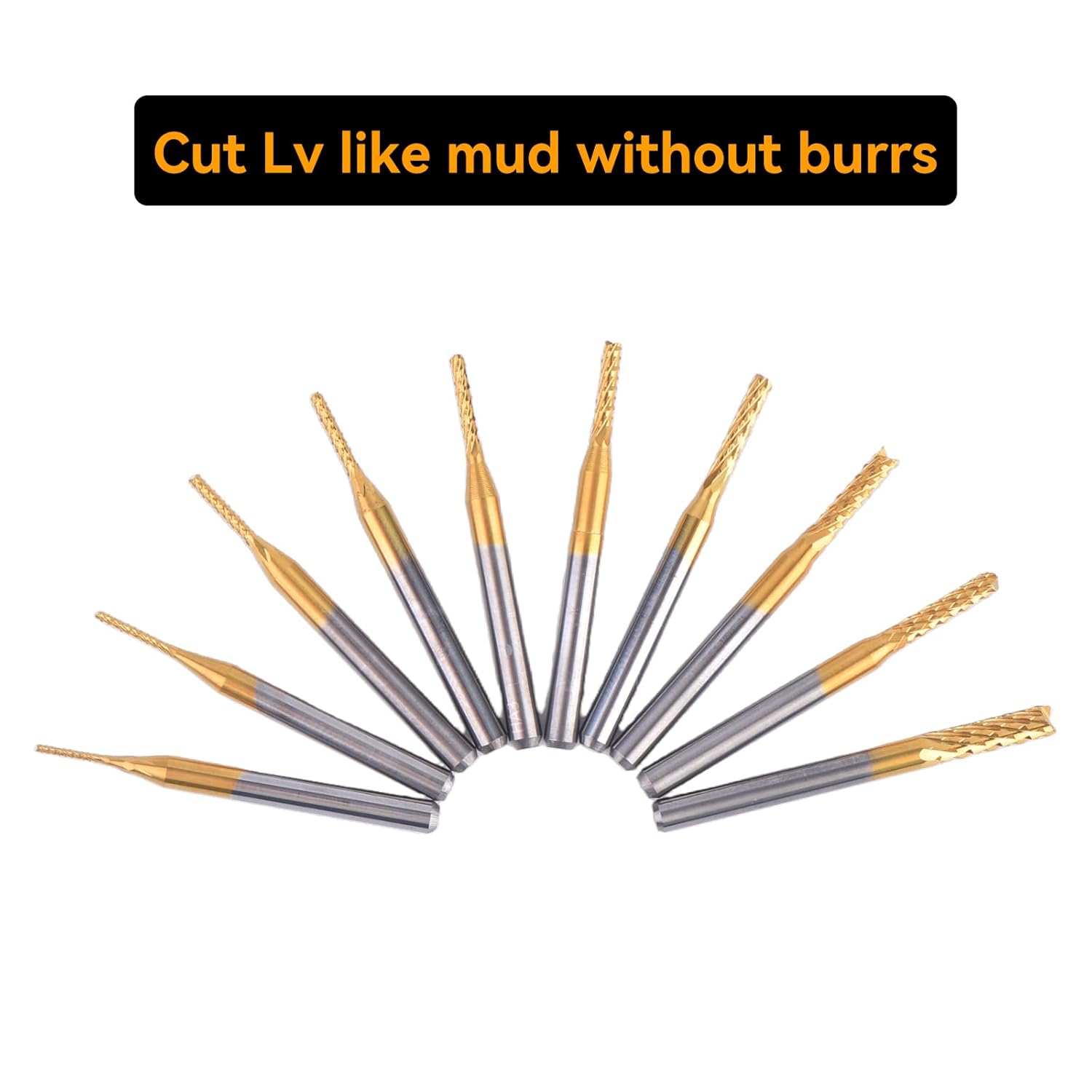 10 Piece Set of Titanium Coated Hard Alloy CNC milling Cutter Set - Multifunctional Drill bit Suitable for Carving, Drilling, and milling, Diameter ranging from 0.8 mm to 3.17 mm (1/8 inch Shank)